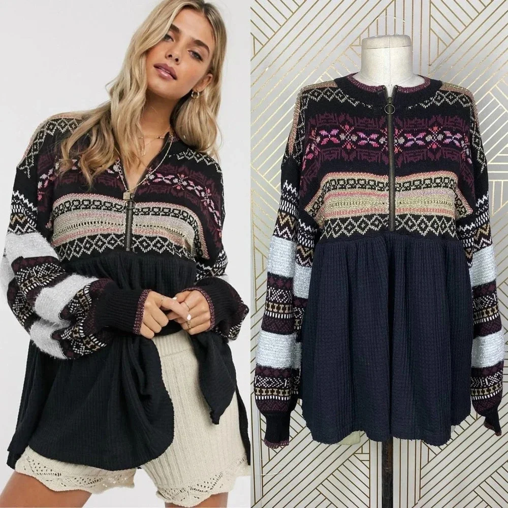 Free People Cozy Cottage Embroidered Sweater In Black Size US Small